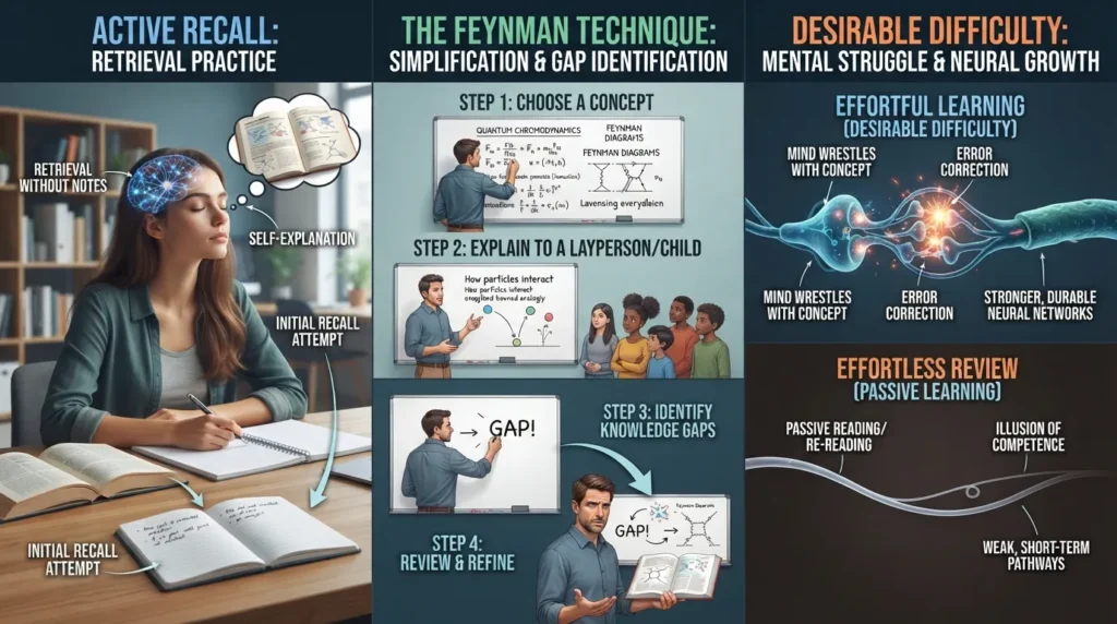 Infographic comparing active recall, the Feynman technique, and desirable difficulty for effective learning.