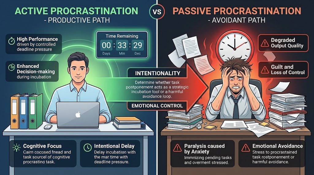 A side-by-side comparative infographic illustrating active procrastination with deliberate delay and passive procrastination driven by anxiety and task avoidance.