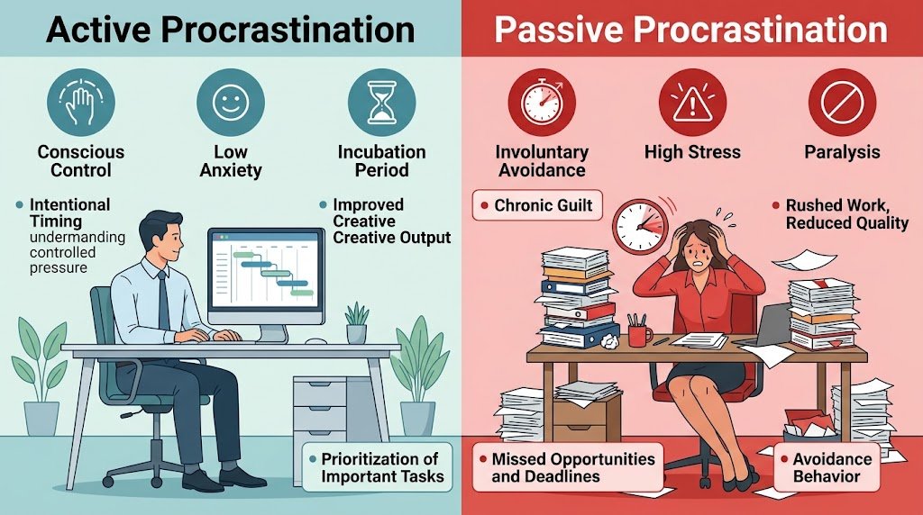 Comparison chart illustrating the differences between active intentional delay and passive harmful avoidance in procrastination.