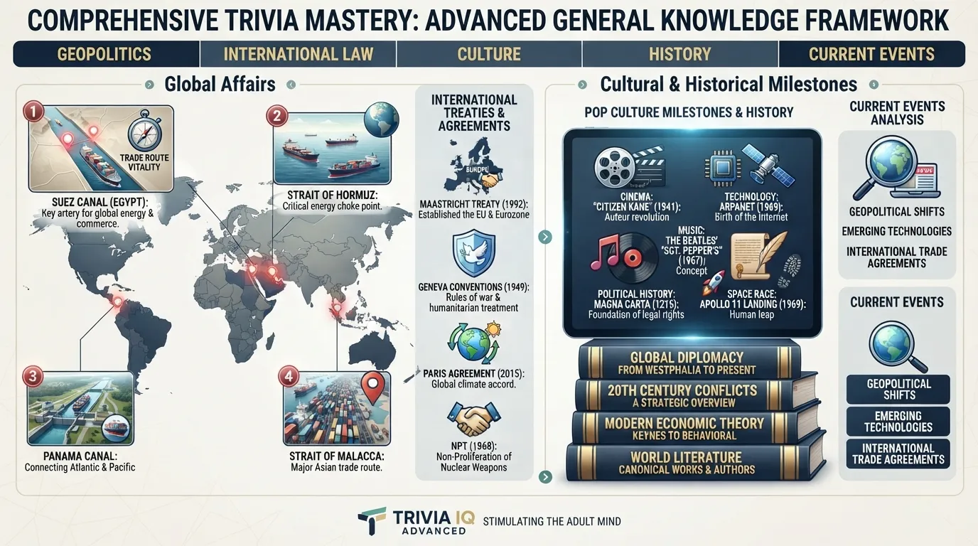 A professional graphic showing a globe, a newspaper, and a digital tablet displaying adult trivia questions and current events quiz topics.