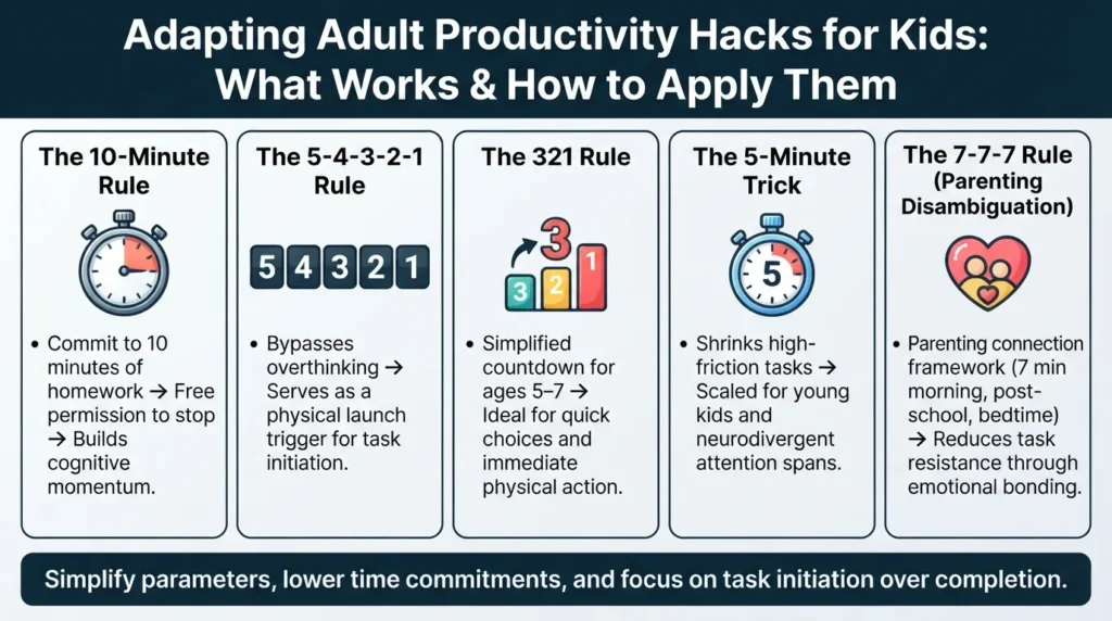 An educational visual guide comparing adult productivity hacks like the 10-Minute Rule, 5-4-3-2-1 Countdown, 321 Method, and 5-Minute Trick adapted for children's executive function development alongside the 7-7-7 parenting rule.