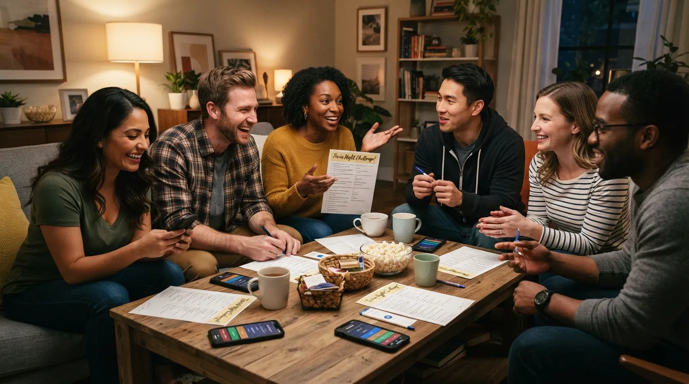 A group of adult friends laughing and participating in a multiple-choice trivia night game session with smartphones and scorecards.