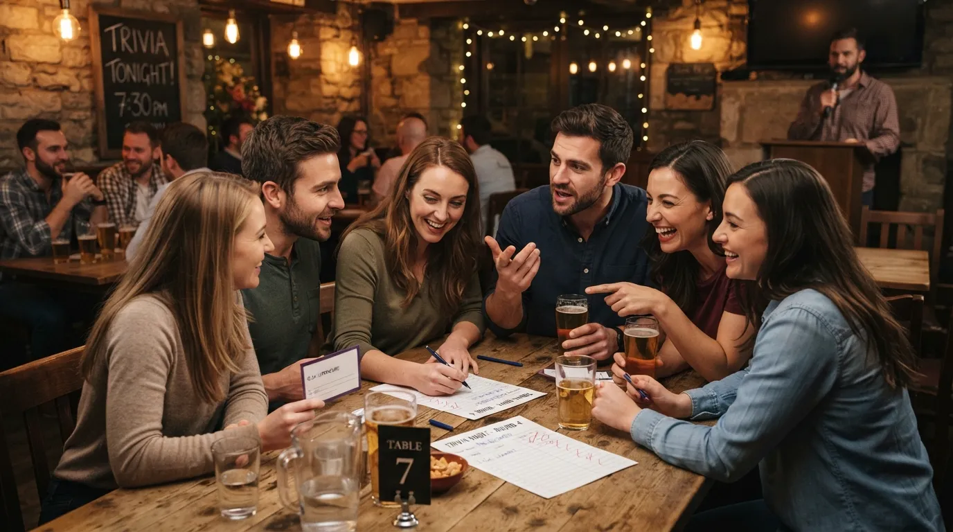 Group of adults engaged in a competitive trivia night pub quiz discussing advanced trivia questions and answers