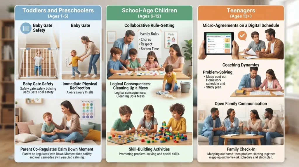 Infographic comparing age-appropriate discipline and behavior guidance strategies for toddlers, school-age children, and teenagers.