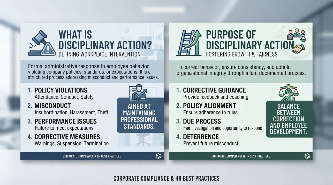 Professional human resources document and meeting notes outlining the definition and workplace context of disciplinary action.