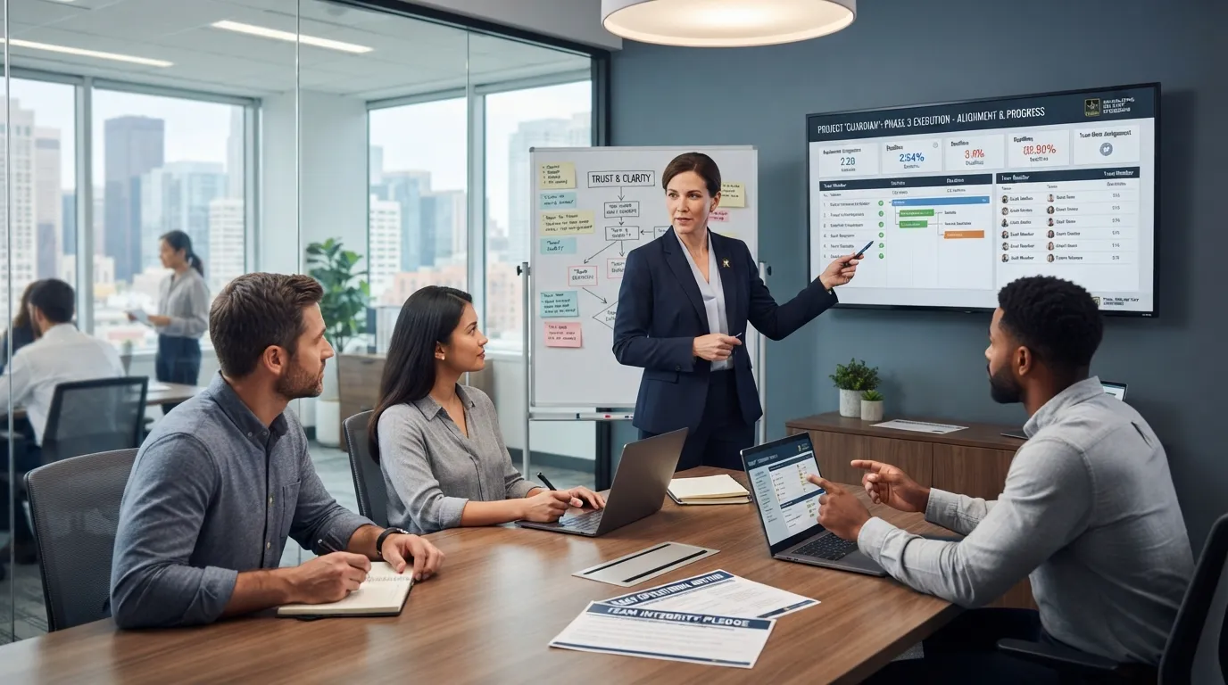 A professional leader guiding a team in a modern office, representing the application of military discipline, accountability, and team culture to workplace leadership.