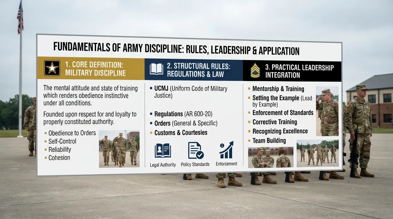 A detailed infographic and real photo breakdown illustrating army discipline meaning, core rules, and real-world leadership applications.