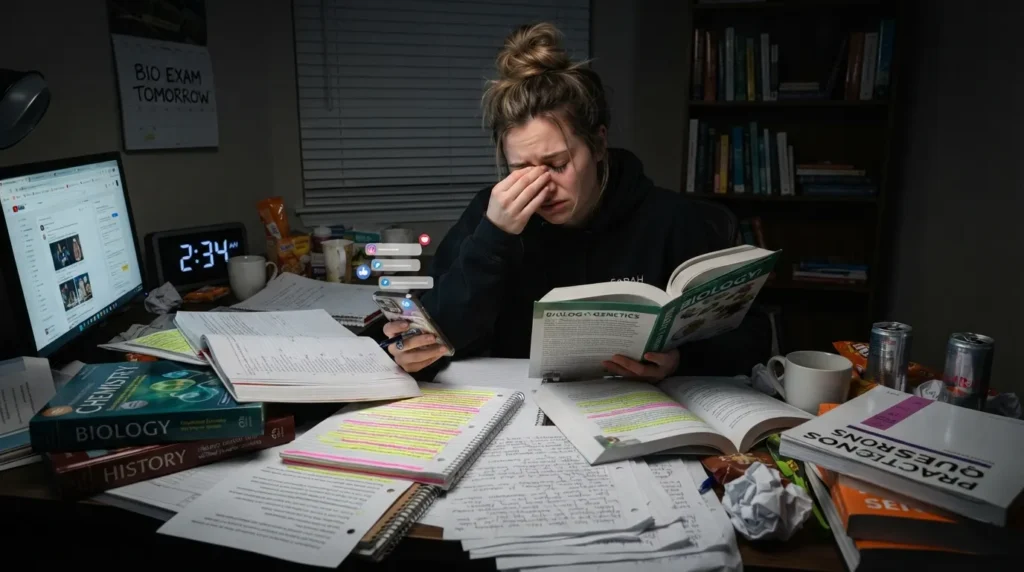 Student showing poor study habits such as passive rereading, cramming, phone distractions, multitasking, over-highlighting, and skipping breaks