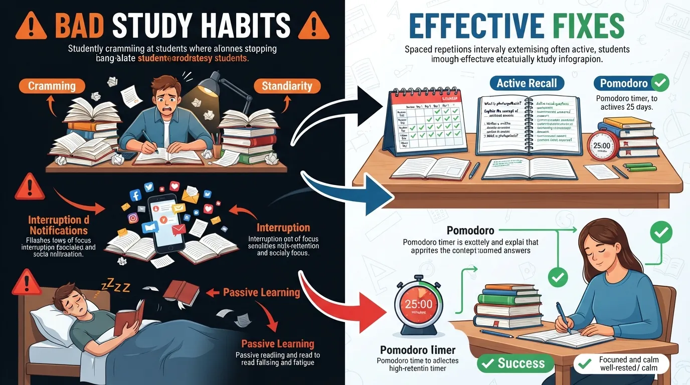 Infographic illustrating bad study habits like cramming and multitasking compared to effective study habits like active recall and spaced repetition.