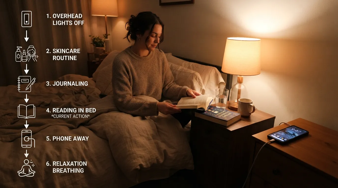 A person relaxing in bed reading a book while setting up a calming nighttime routine using habit stacking.
