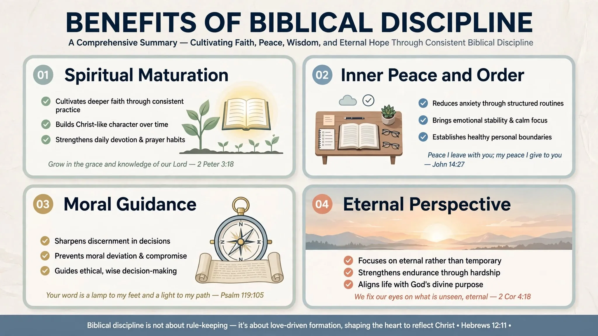 An open Bible resting on a wooden table next to a notebook, illustrating the structure, guidance, and spiritual growth associated with biblical discipline.