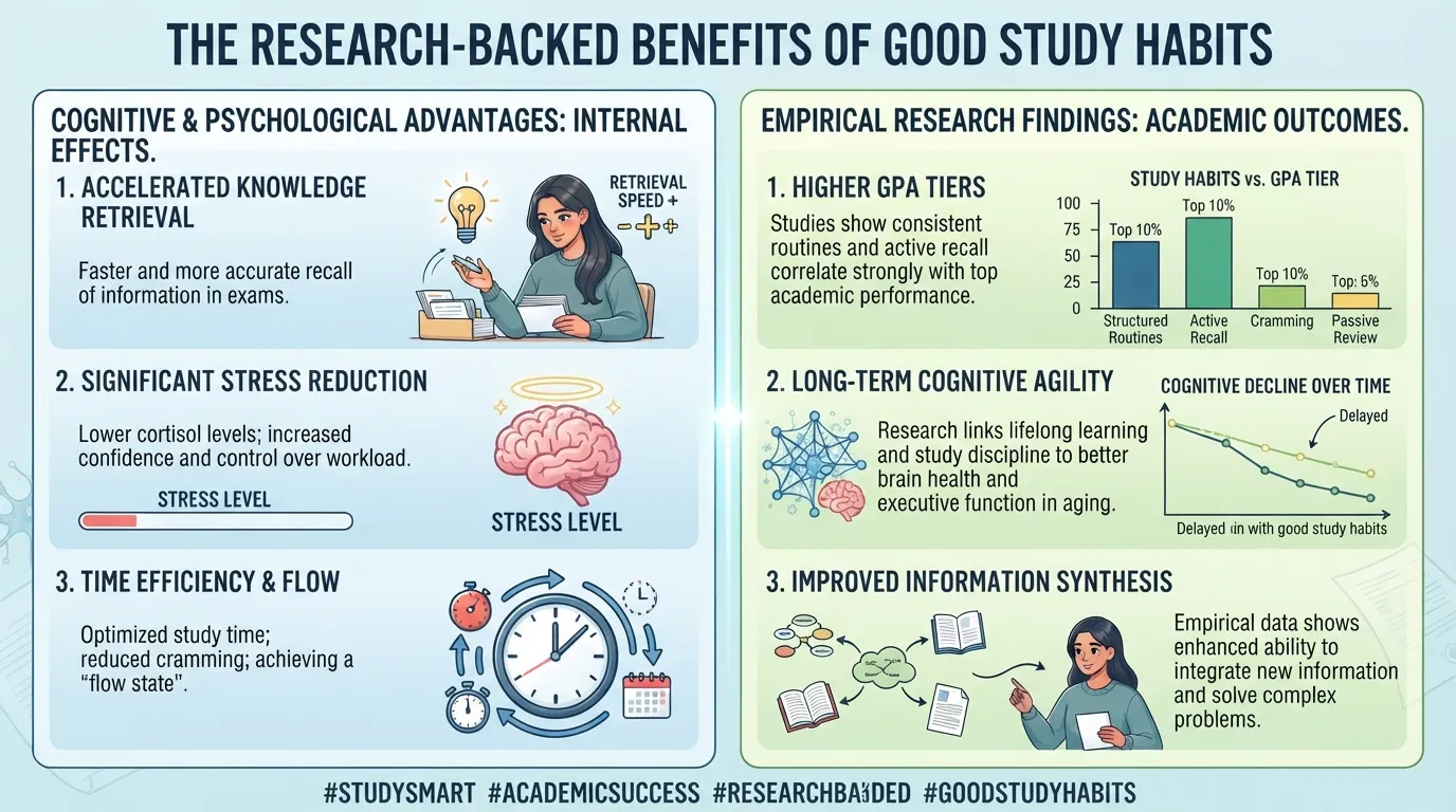 Infographic illustrating the research-backed benefits of good study habits on academic performance and knowledge retention