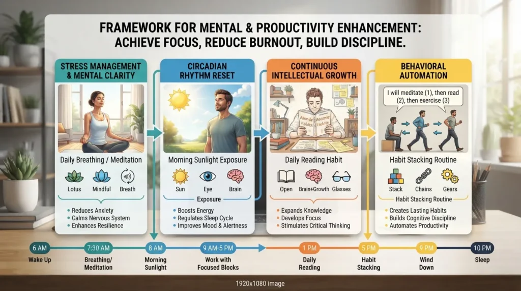 Infographic illustrating best mental and productivity habits including morning sunlight, meditation, and habit stacking.