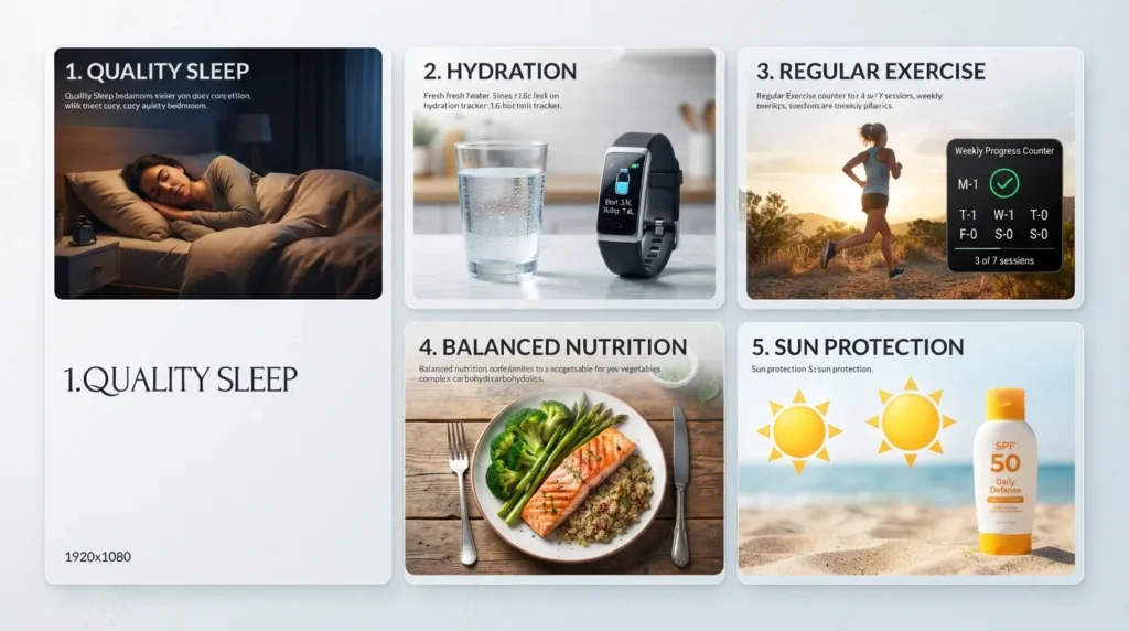 Infographic outlining core physical health habits including daily hydration, balanced nutrition, regular exercise, and quality sleep.