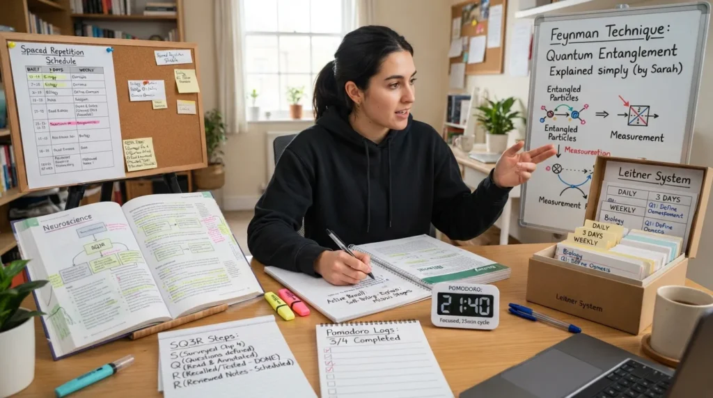 Student using six effective study methods, including active recall, spaced repetition, Feynman technique, Pomodoro, Leitner system, and SQ3R