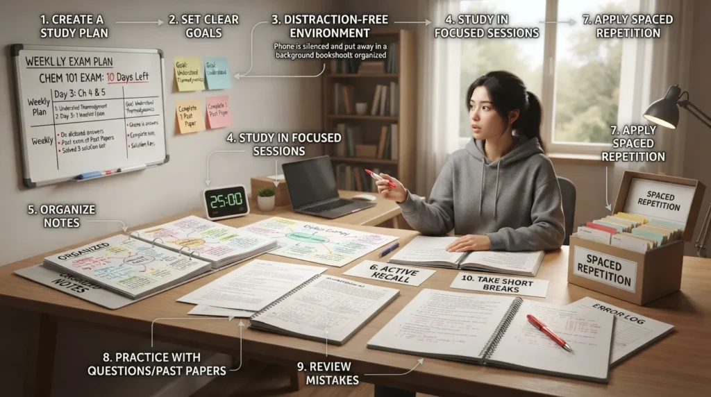 Student studying for exams with organized notes, active recall, spaced repetition, practice questions, focused study sessions, and a clear study plan.