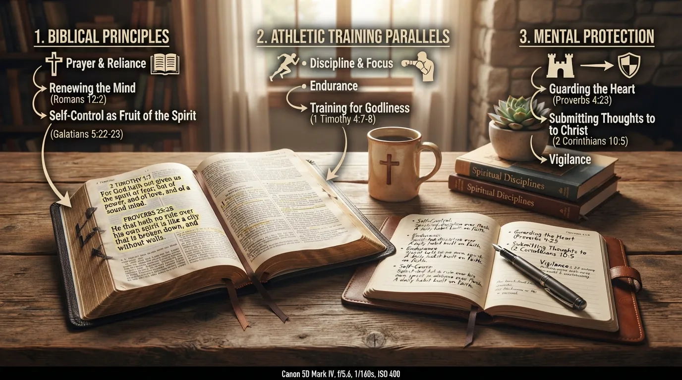 An open Bible with highlighted text showcasing scripture on self-control, discipline, and spiritual resilience.