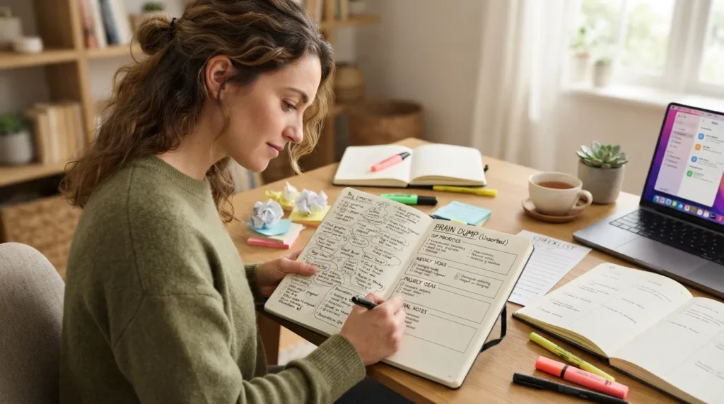 A person writing in a brain dump journal with scattered thoughts, tasks, ideas, and worries being organized into clear categories for better focus and mental clarity