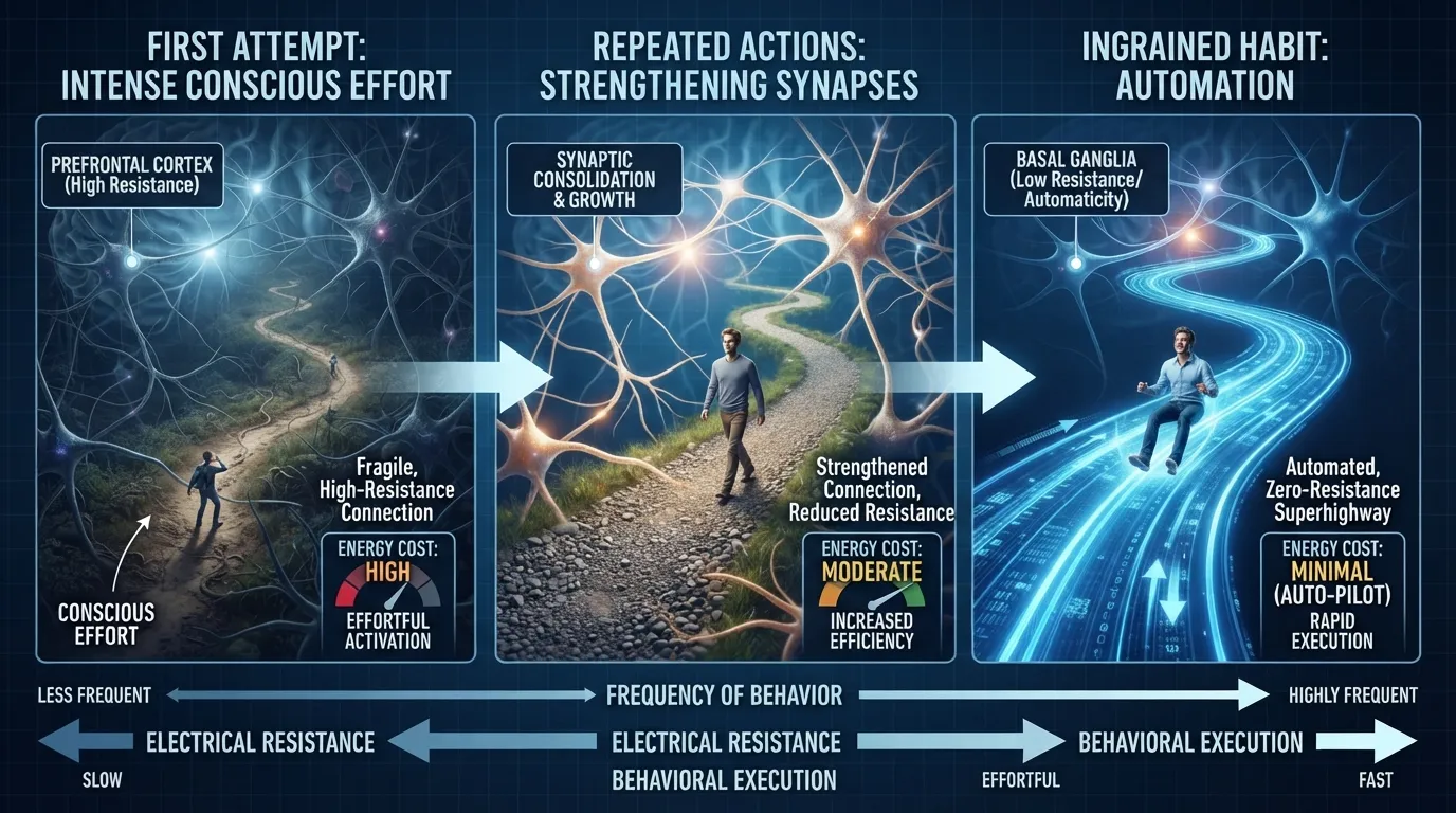 An infographic comparing a faint brain pathway to a multi-lane highway, visually illustrating how neuroplasticity strengthens repeated habits over time.