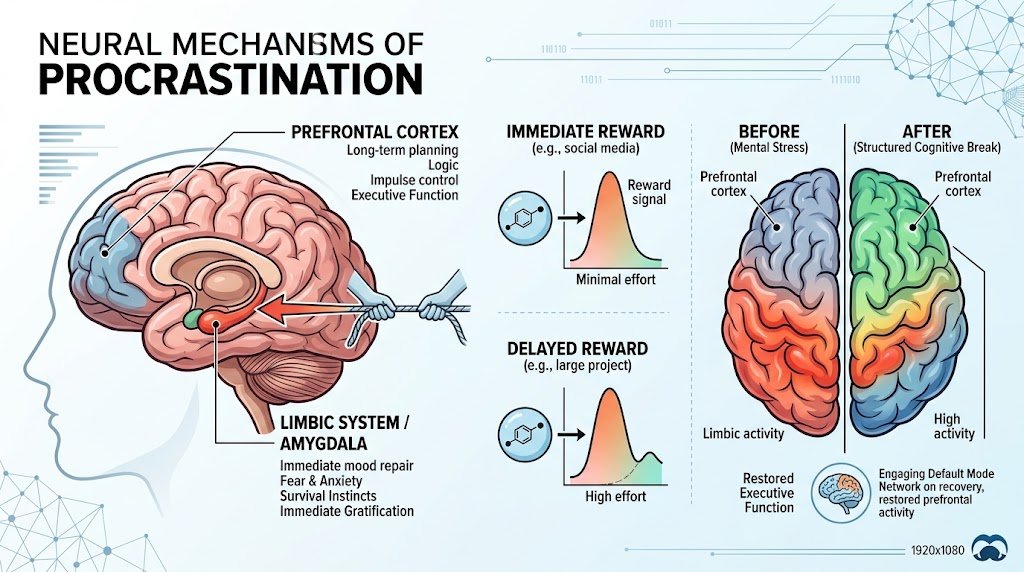 A neuroscience diagram illustrating the conflict between the prefrontal cortex and limbic system during procrastination, highlighting dopamine reward pathways and cognitive break recovery.