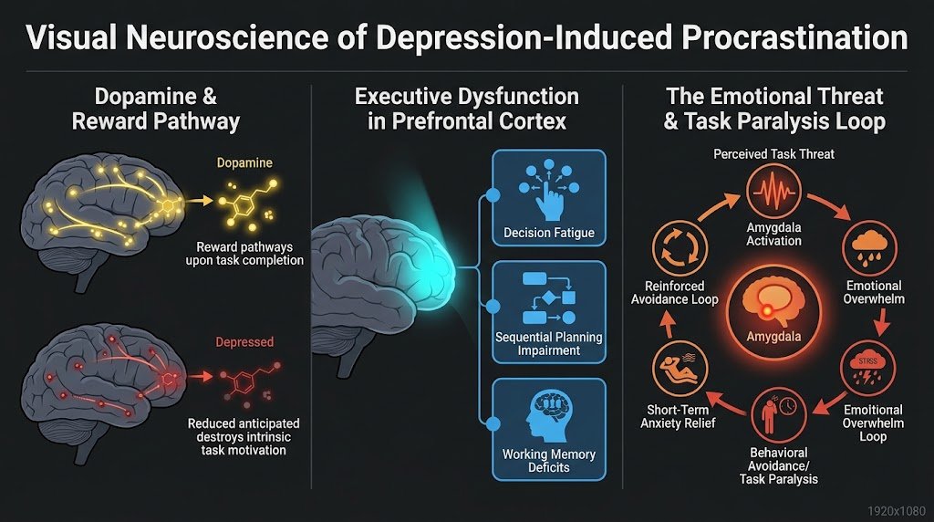 An educational medical diagram explaining how depression causes procrastination through prefrontal cortex executive dysfunction, blunted dopamine pathways, and amygdala-driven task paralysis.