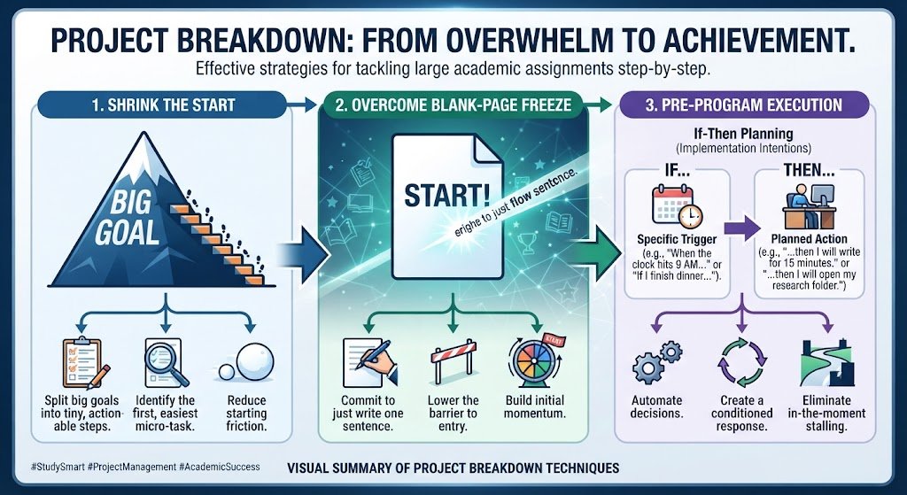A visual infographic illustrating step-by-step task breakdown methods, micro-tasks, and implementation intentions to help students and professionals manage overwhelming workloads.