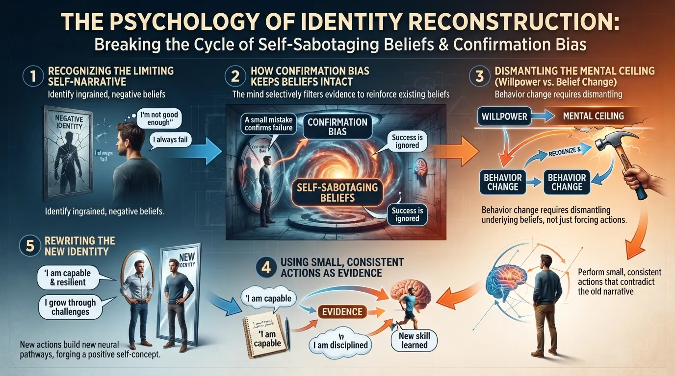 Diagram illustrating the shift from negative self-beliefs and confirmation bias to rewriting a new personal identity through action.