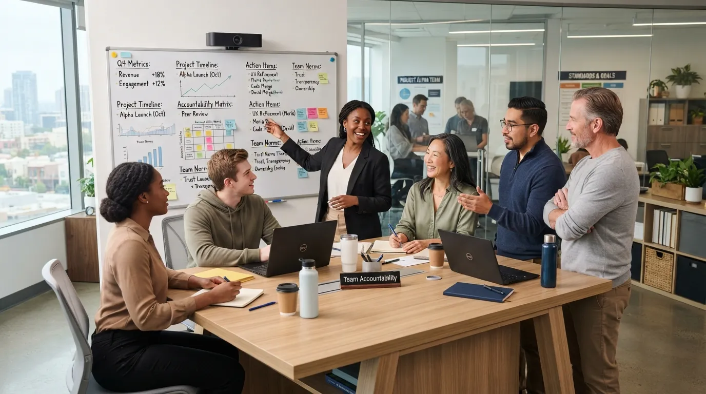 Diverse team collaborating in a modern workspace, visually representing shared ownership, peer accountability, and strong workplace culture.