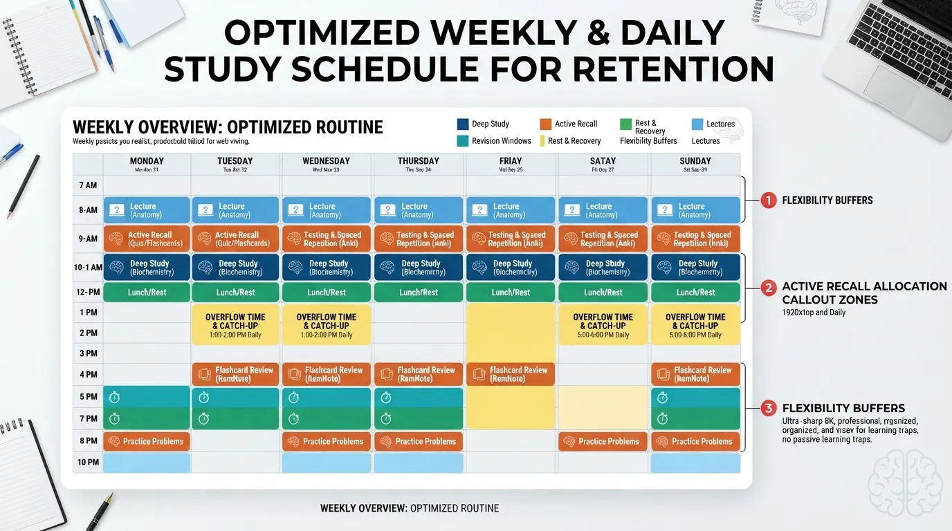 A detailed visual breakdown of a realistic study schedule showing daily time-blocking, study sessions, and intentional breaks on a clean planner layout.