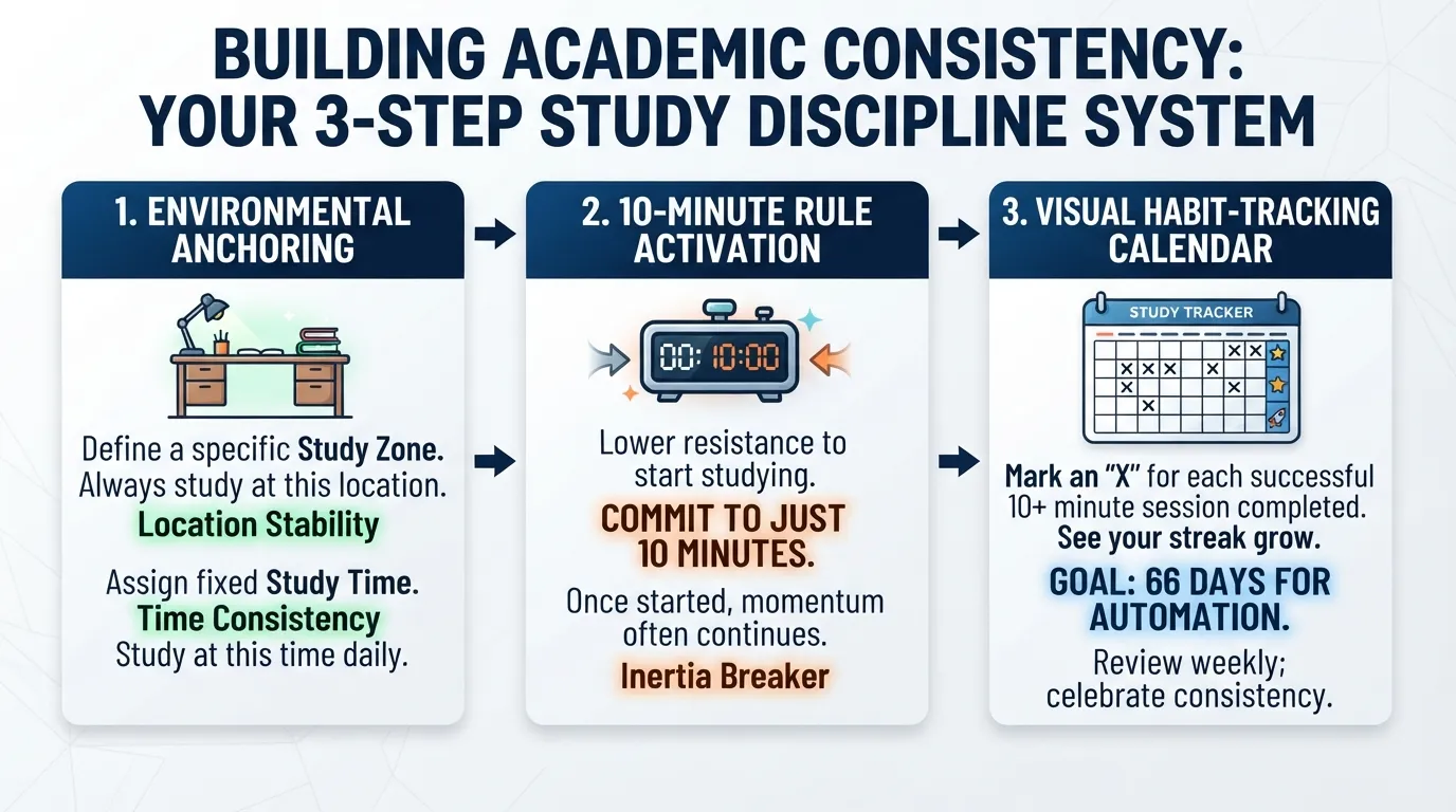 A structured workflow chart and clean desk setup illustrating a step-by-step study discipline system for college students.
