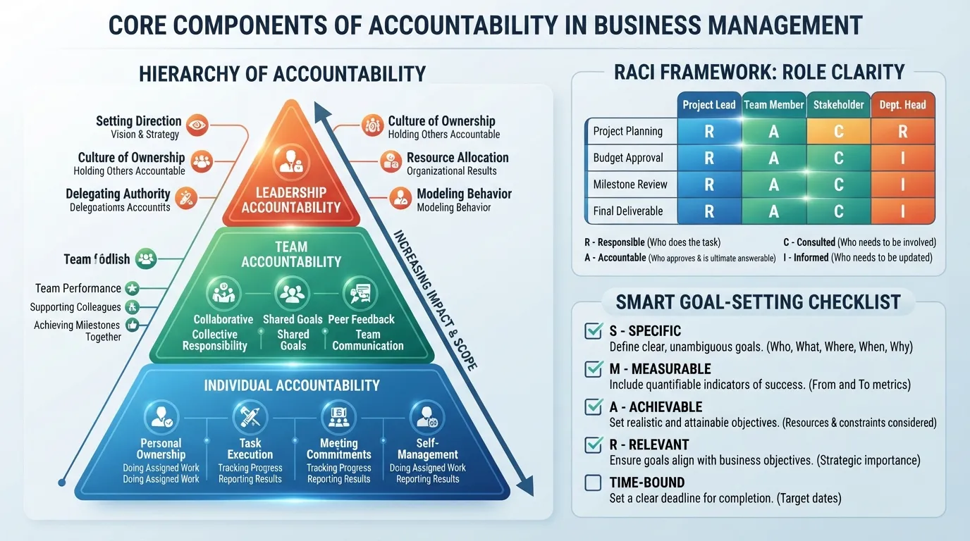 A structured business management diagram illustrating individual, team, and organizational accountability frameworks with a RACI model chart.