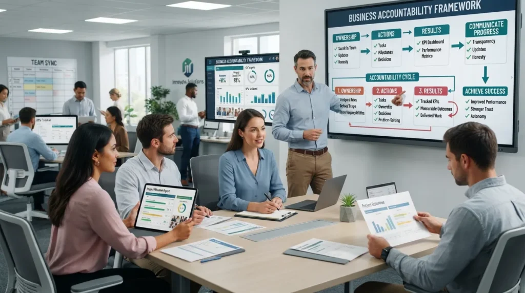 Business accountability showing employees and managers taking ownership of decisions, actions, responsibilities, and business results