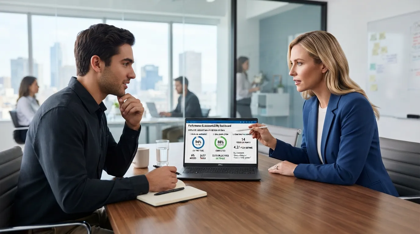 A professional performance review meeting showing a manager and employee discussing accountability metrics, KPIs, and goal completion rates.