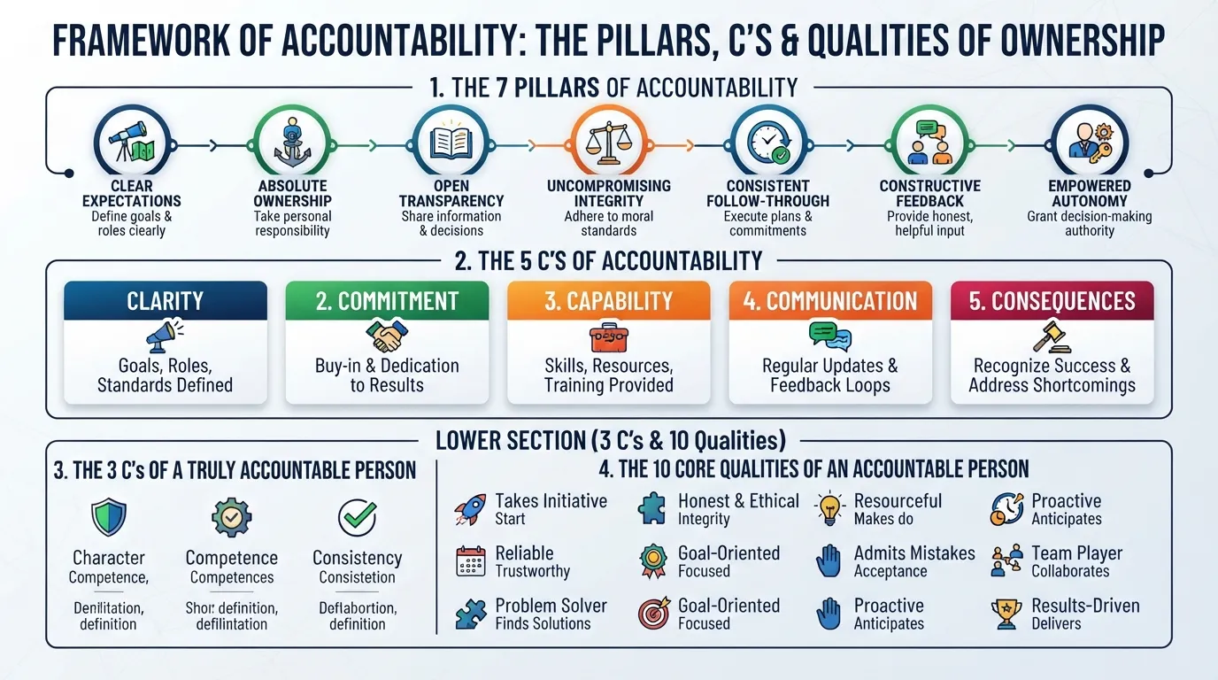A comprehensive business diagram illustrating the 7 pillars, 5 C's, and core qualities of accountability in management.
