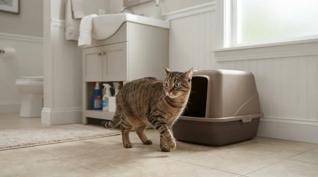 A concerned cat owner looking at a cat near a litter box, illustrating why punishment fails for elimination accidents.
