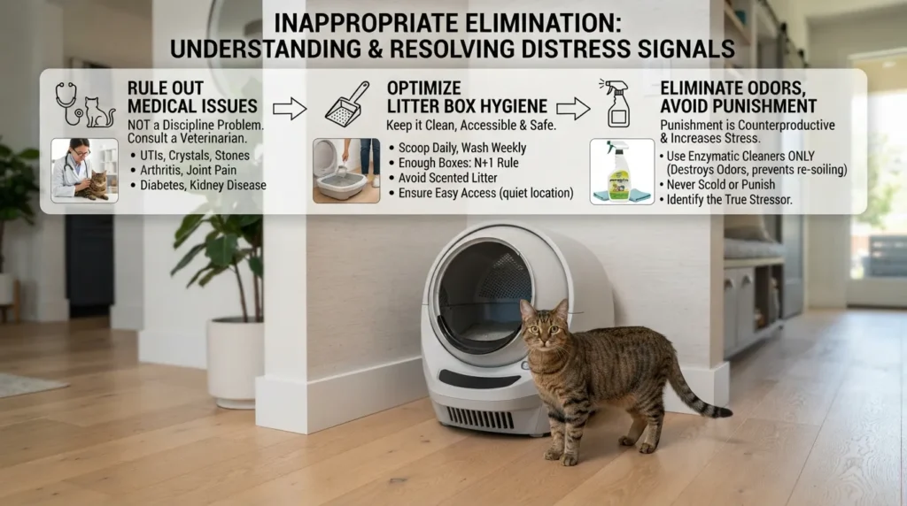 A cat standing near a litter box in a home, representing behavior management for litter box accidents.