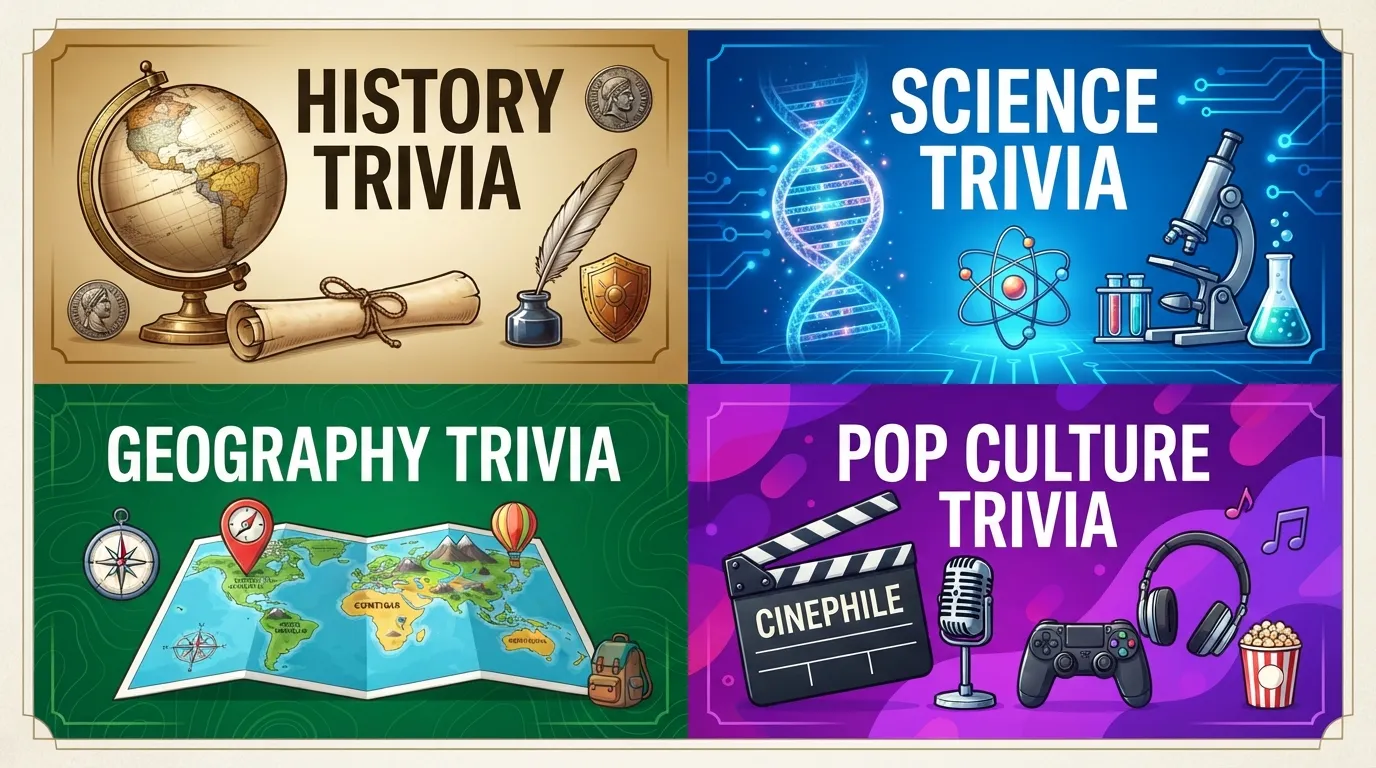 Infographic showing four categorized icons for history, science, geography, and pop culture trivia quiz questions and answers.