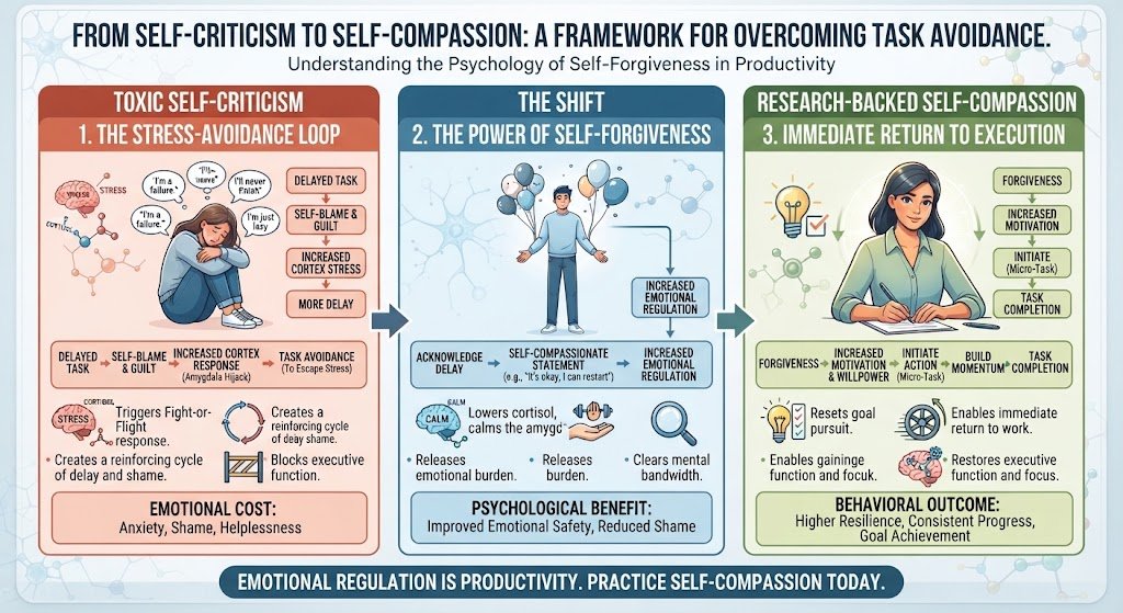 A visual infographic illustrating the self-compassion approach to procrastination, showing how forgiving past delays breaks the toxic guilt and stress-avoidance cycle.