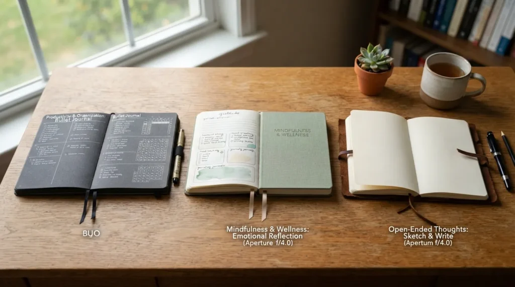 A flatlay arrangement of various journal types including a gratitude journal, bullet journal notebook, and wellness tracker on a clean wooden desk with a pen.