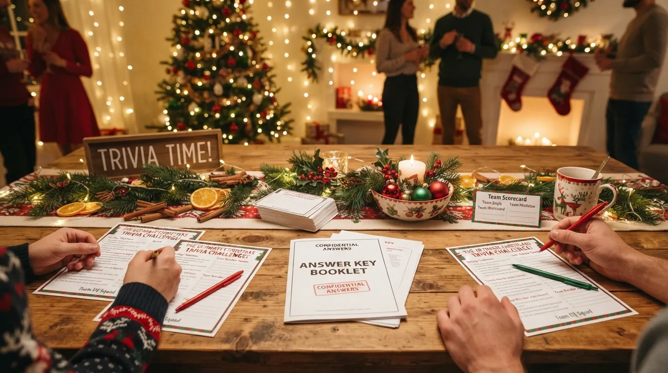 A festive collection of printed Christmas trivia cards, colorful holiday ornaments, and a warm glowing light representing a fun holiday quiz night.