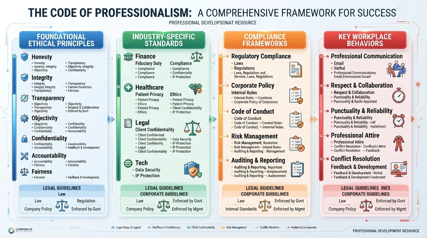 A comprehensive overview chart illustrating the core principles, standards, and ethical guidelines of a professional code of conduct.