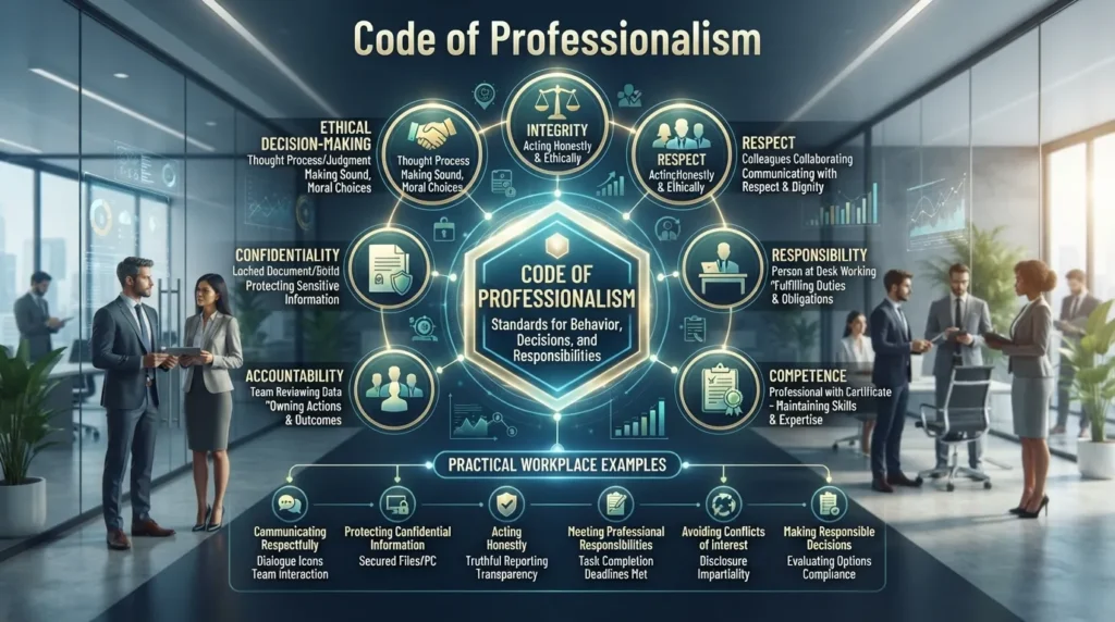 Visual summary of a code of professionalism showing ethical principles, professional behavior, responsibilities, and workplace examples