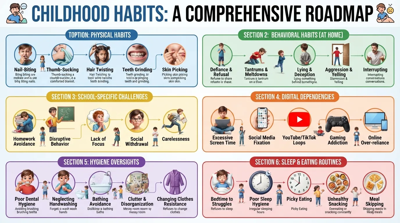 Infographic categorizing common bad habits in children across physical, behavioral, school, digital, hygiene, and sleep areas.