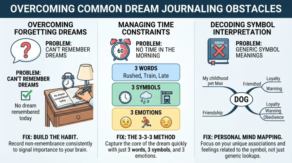 Infographic showing three common dream journaling challenges—forgetting dreams, lack of time, and interpreting symbols—alongside practical quick-fix solutions like writing 'no dream' and using the 3-3-3 method.