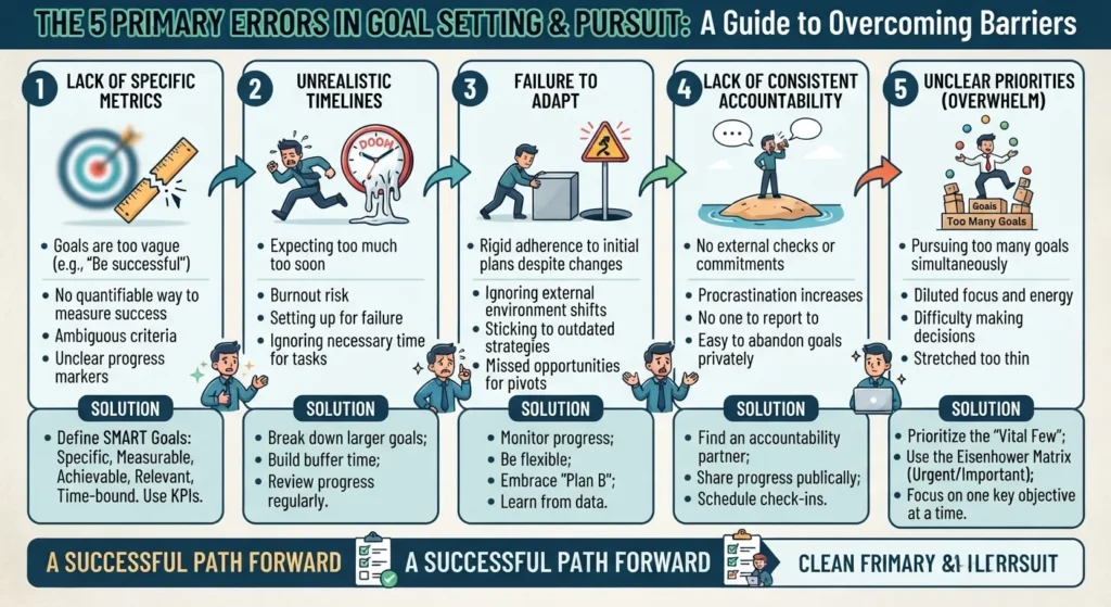 Infographic showing common mistakes that weaken a goal, such as setting vague objectives, lacking an action plan, and failing to track progress.