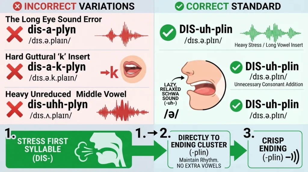 Infographic highlighting common pronunciation mistakes for the word discipline, comparing incorrect phonetic spellings with the correct DIS-uh-plin breakdown.