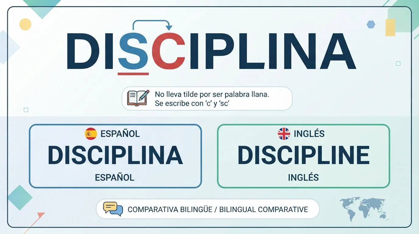 Infografia que muestra la ortografia correcta y la traduccion al ingles de la palabra disciplina para verificar gramatica.