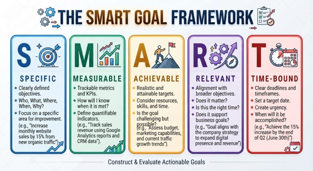 Infographic outlining the SMART goal framework showing Specific, Measurable, Achievable, Relevant, and Time-bound characteristics for setting strong goals.