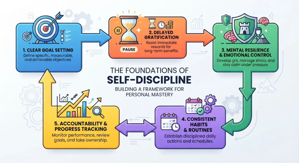 Infographic illustrating the core principles and pillars of self-discipline, including goal setting, delayed gratification, and mental resilience.
