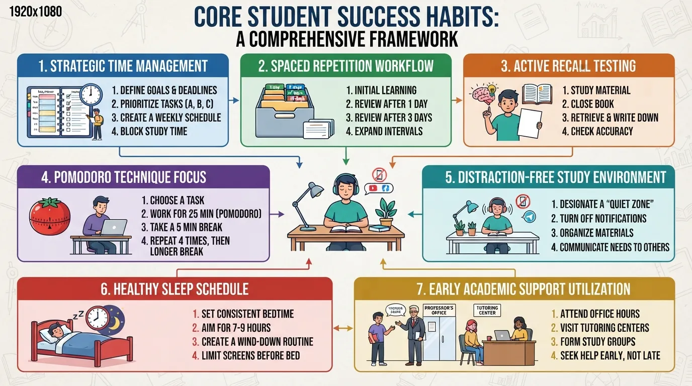 Comprehensive visual guide outlining essential student success habits like time management, active recall, and spaced repetition.